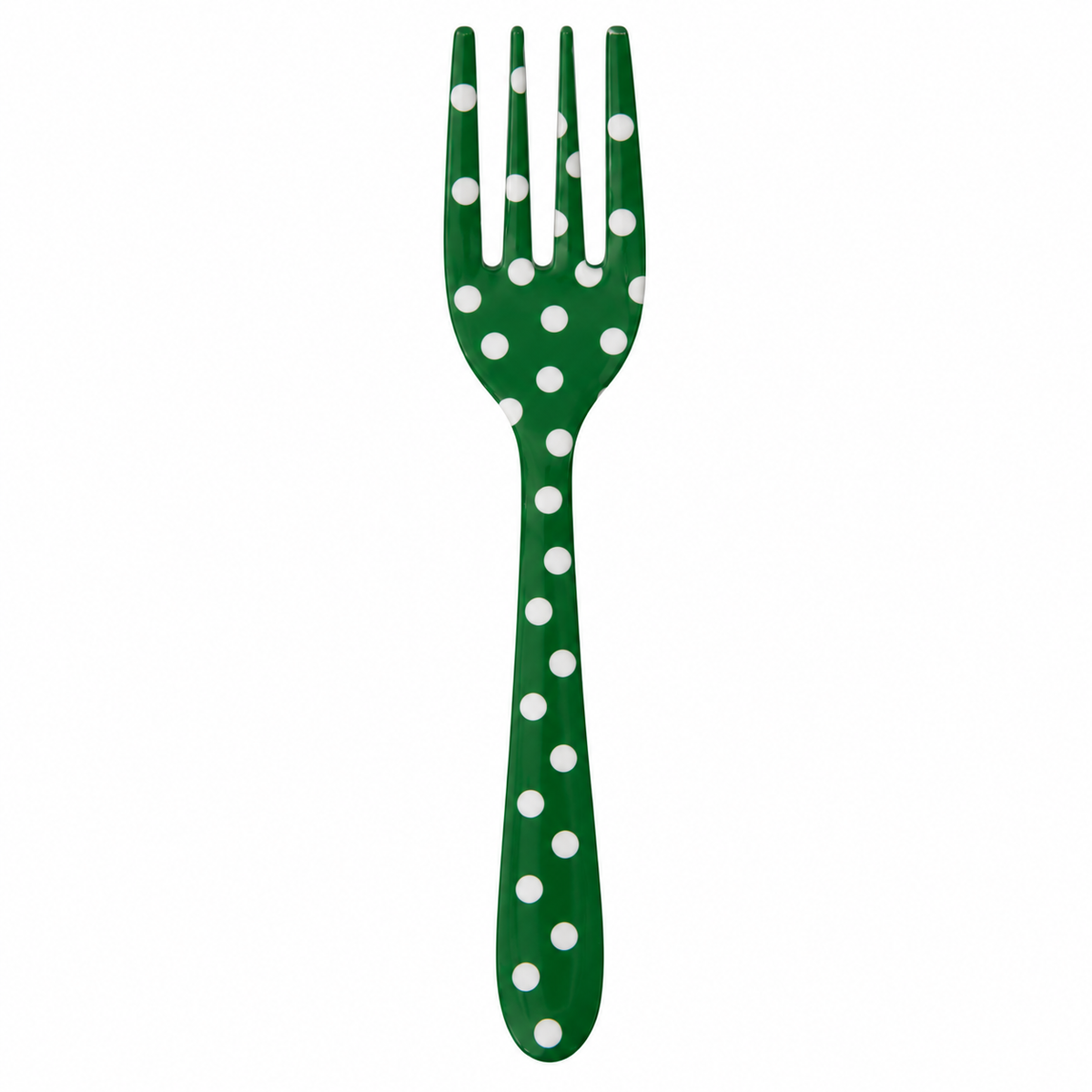 green small fork with white polka dots on it shown on a white background