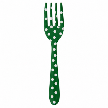 green small fork with white polka dots on it shown on a white background