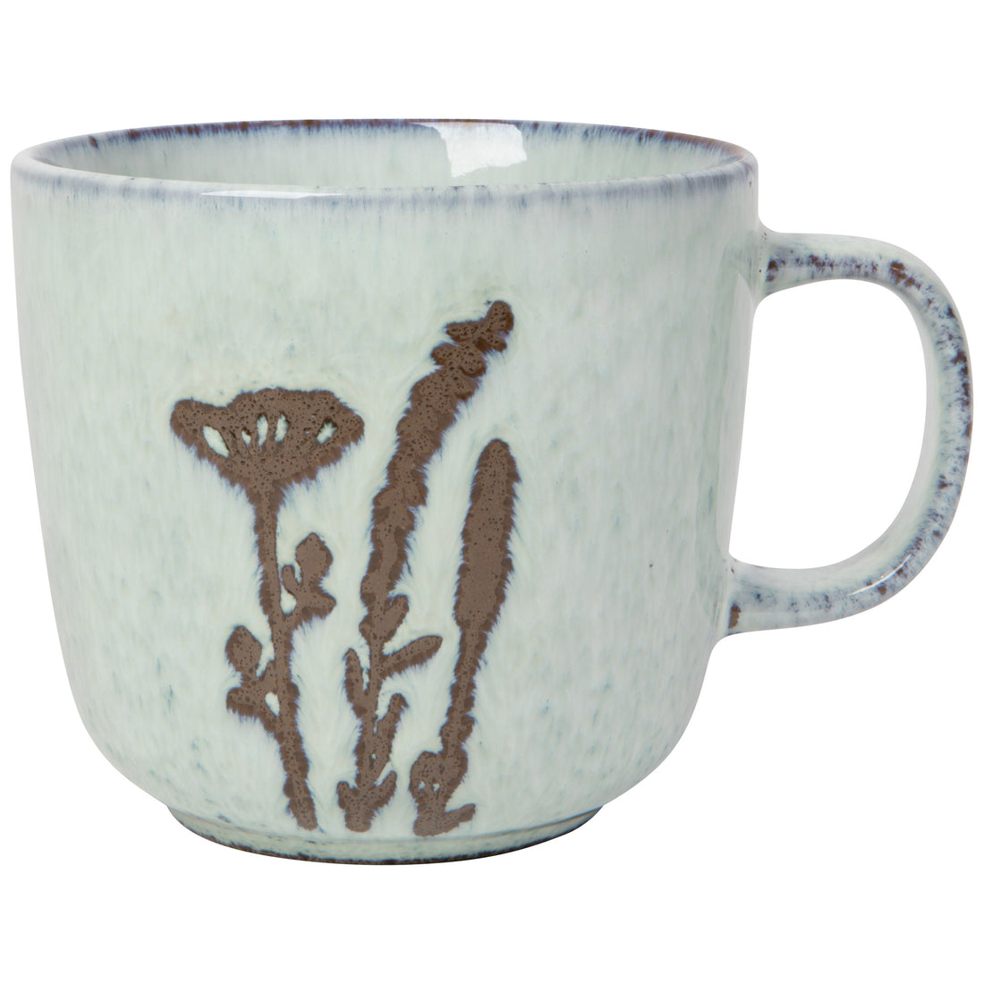 white ceramic mug with brown botanical design on a white background