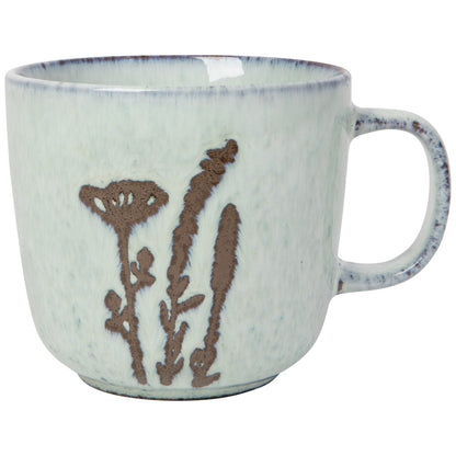 white ceramic mug with brown botanical design on a white background
