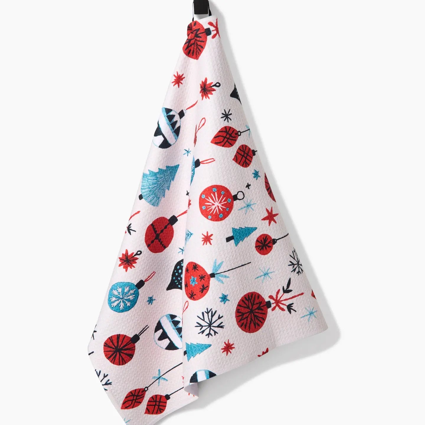 Ornaments Tea Towel draped on a hook