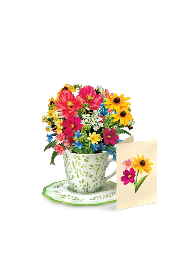 wildflower teacup pop up card and note card on a white background