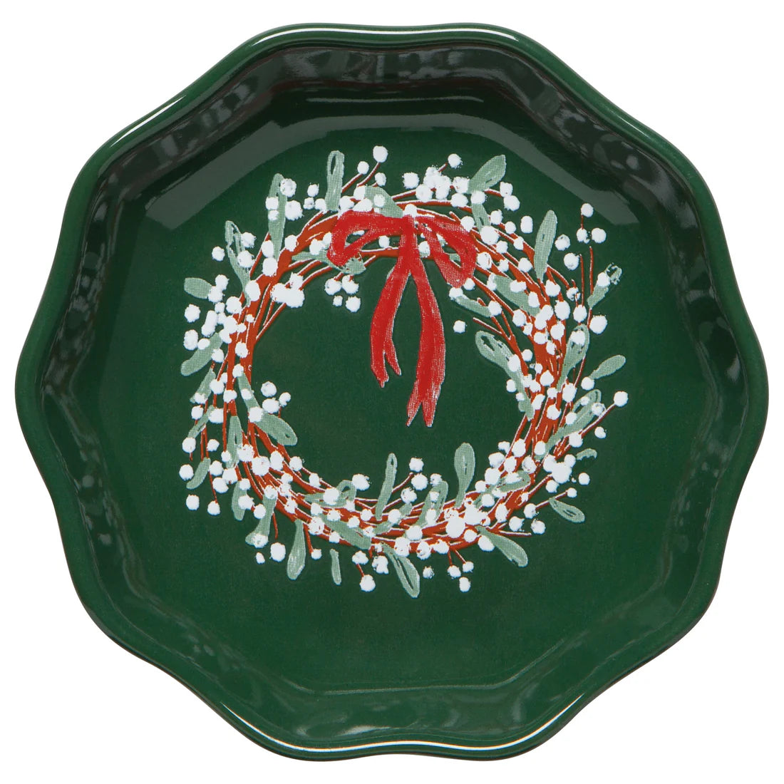 Green dish with wreath printed in the bottom of it, wreath has white berries and a red bow on top.