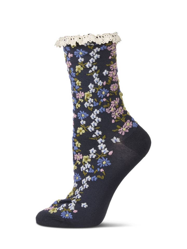 Black Liberty Floral Lace Cuff Crew Sock