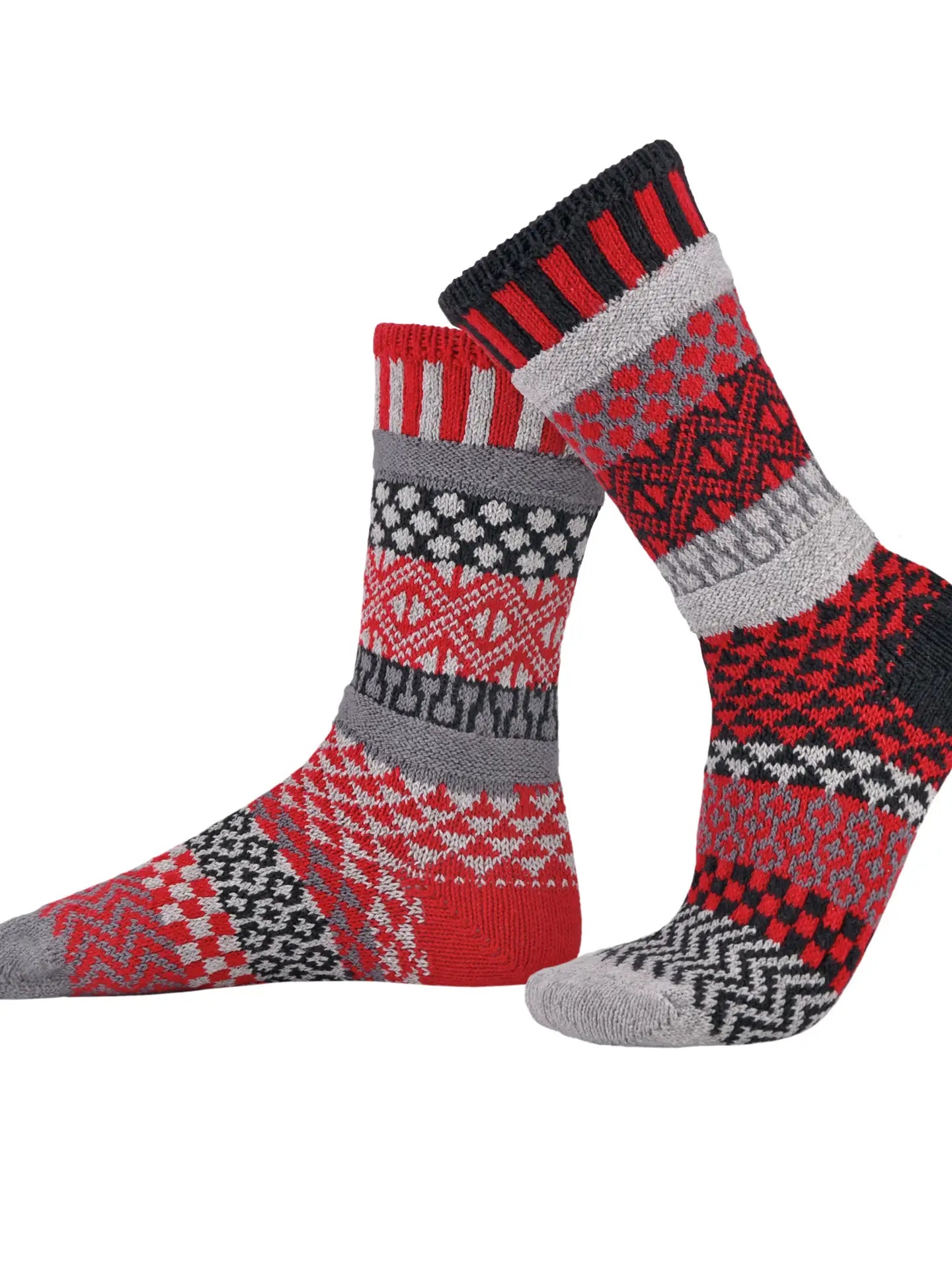 pair of Mercury Crew Socks with similar but mismatched designs shown on a white background