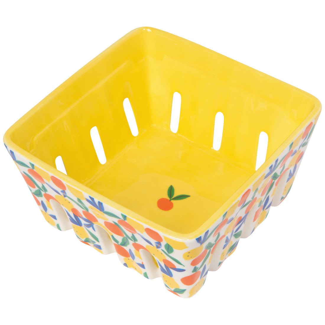 angled view of berry basket that’s yellow in the inside and the outside is covered in yellow orange citrus images