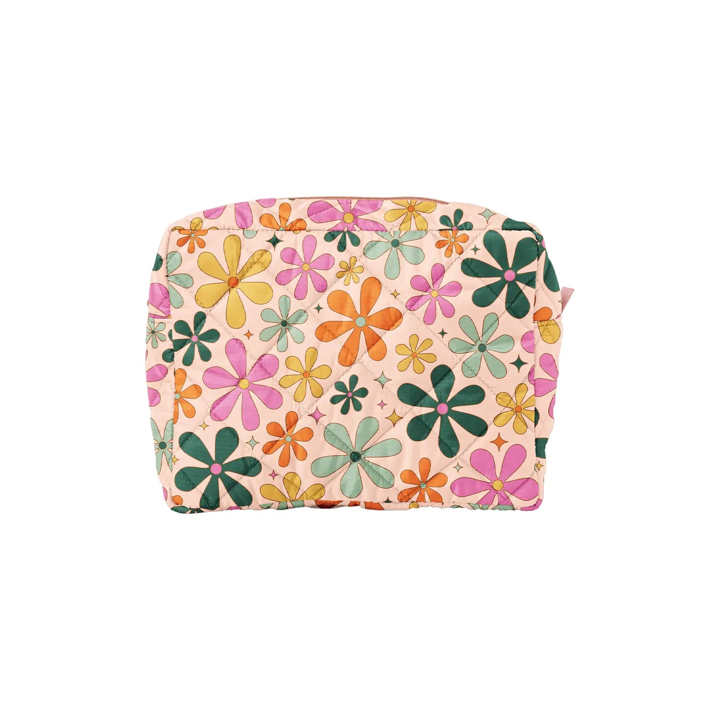 A multicolored floral print cosmetic bag with a zipper closure.