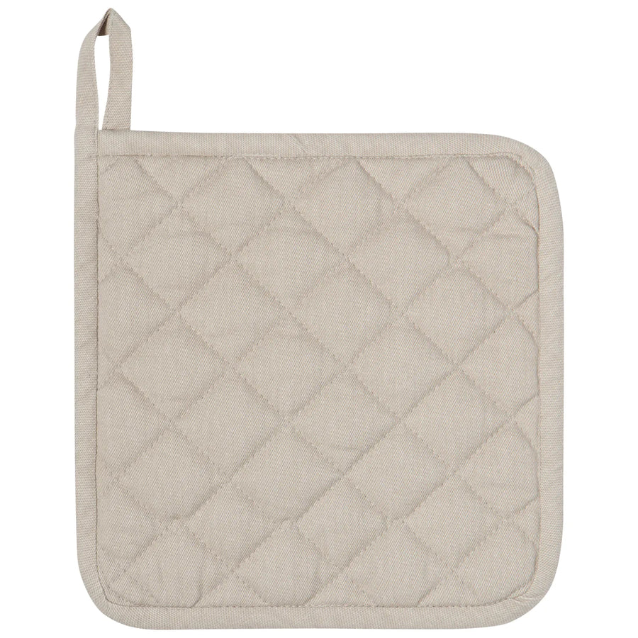 A dove grey stonewashed potholder with a quilted pattern and a hanging loop.