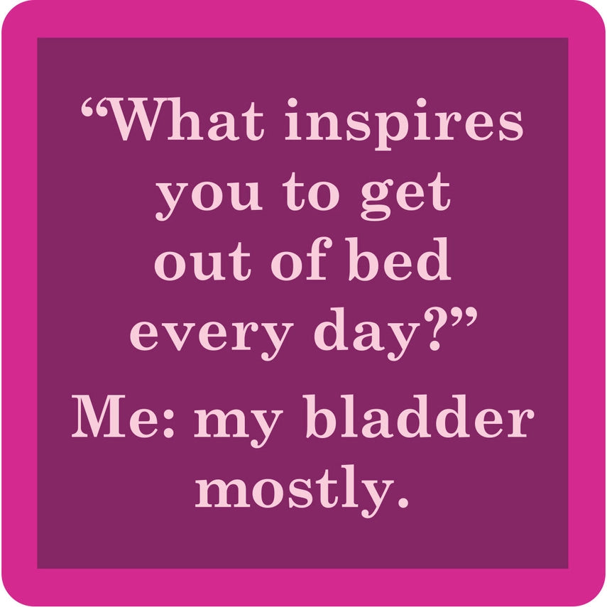 dark purple coaster with a hot pink boarder and light pink text in the middle