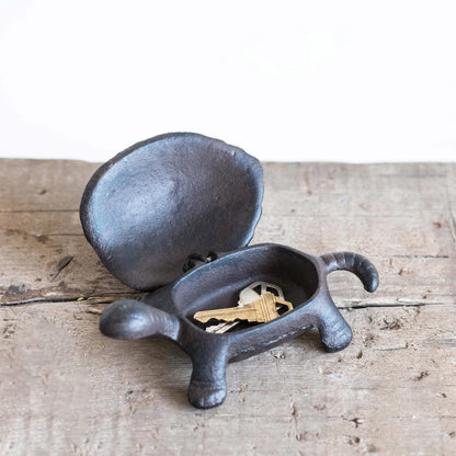 cast iron turtle key box open with keys in it