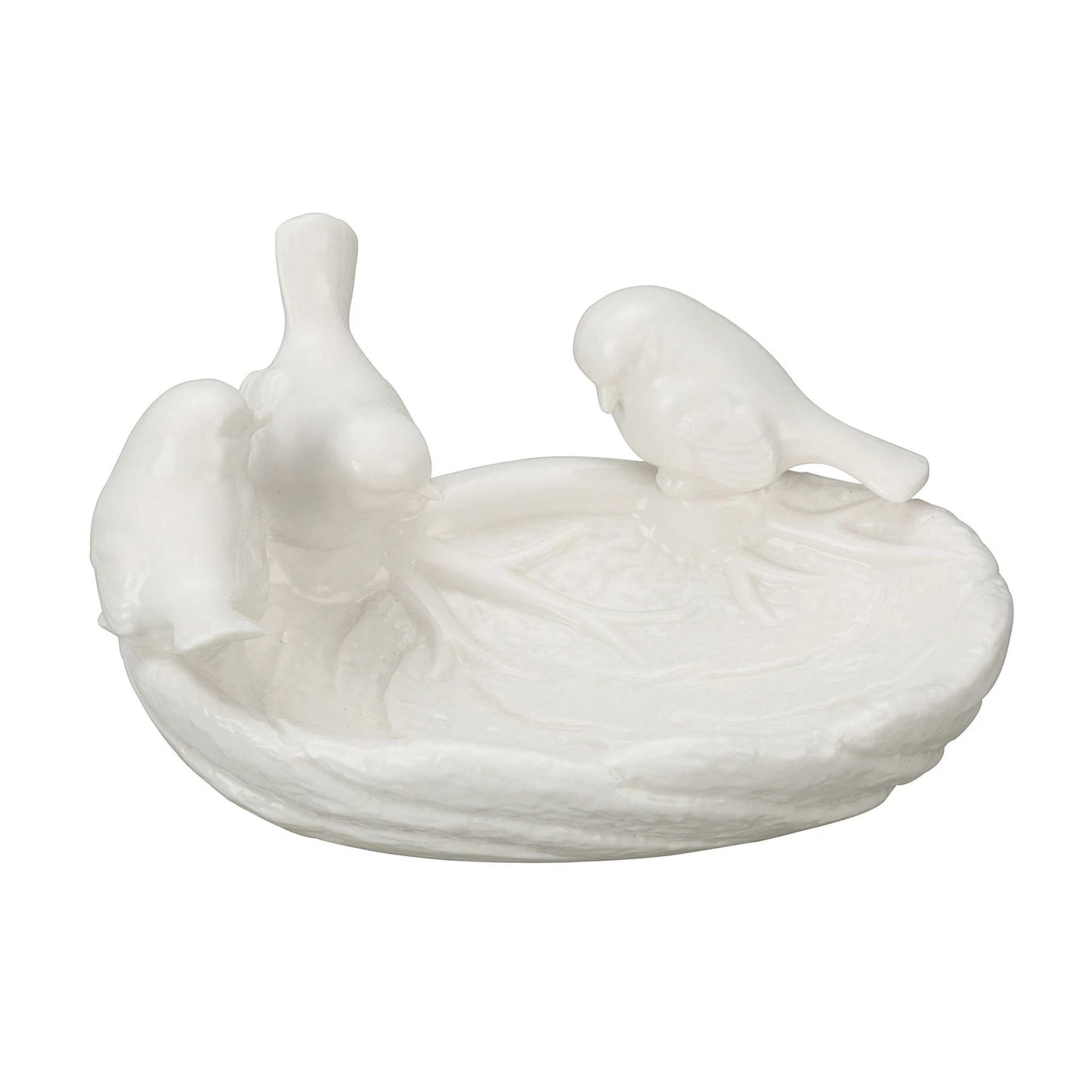 White ceramic dish with three ceramic birds on the rim on a white background