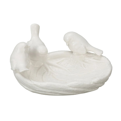 White ceramic dish with three ceramic birds on the rim on a white background
