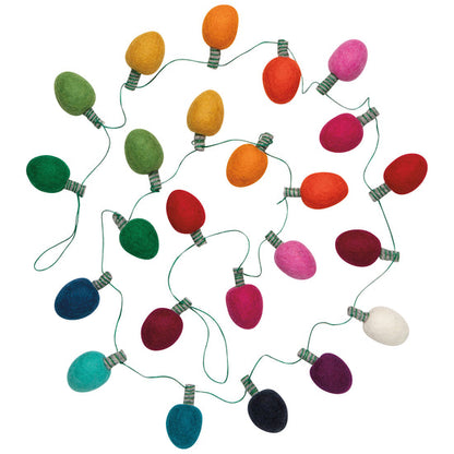 Colorful felted wool lights in various colors on a white background.