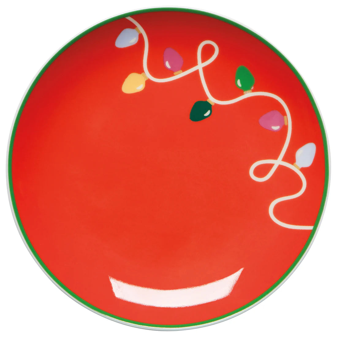 red plate with christmas lights pattern on one side.