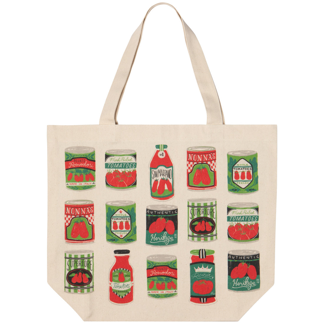 tan tote bag covered in red and green tomato cans and jar images