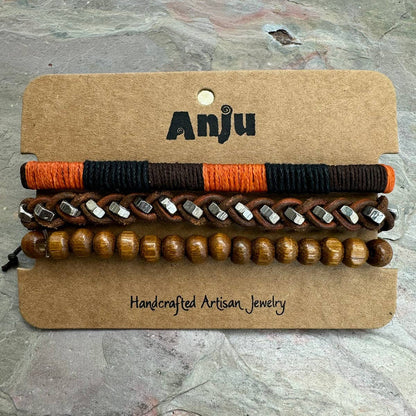 Set of bracelets on a 'Anju' branded card with a textured background