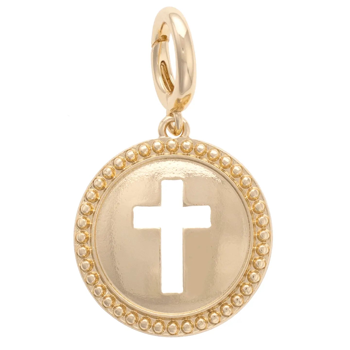Gold pendant with a cut-out cross design on a white background