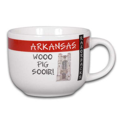 other side of white mug printed with "arkansas" on a red banner, "razorbacks" on a black banner, and an image of a university building.