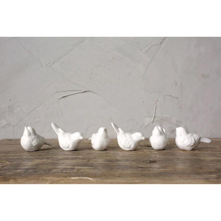 6 assorted white ceramic birds arranged on a wooden table with a plaster background.