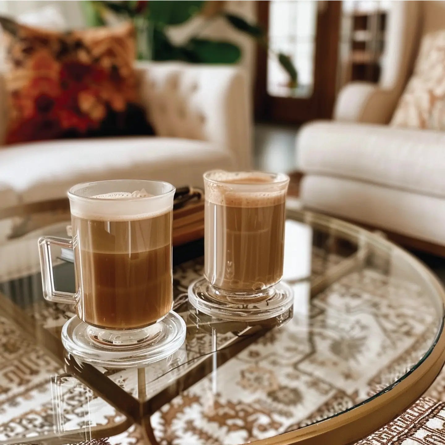 2 glasses of chai set on a glass coffee table in a living room setting