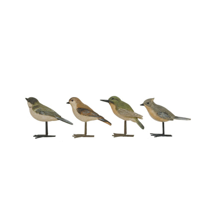 4 assorted little bird figurines in a row on a white background