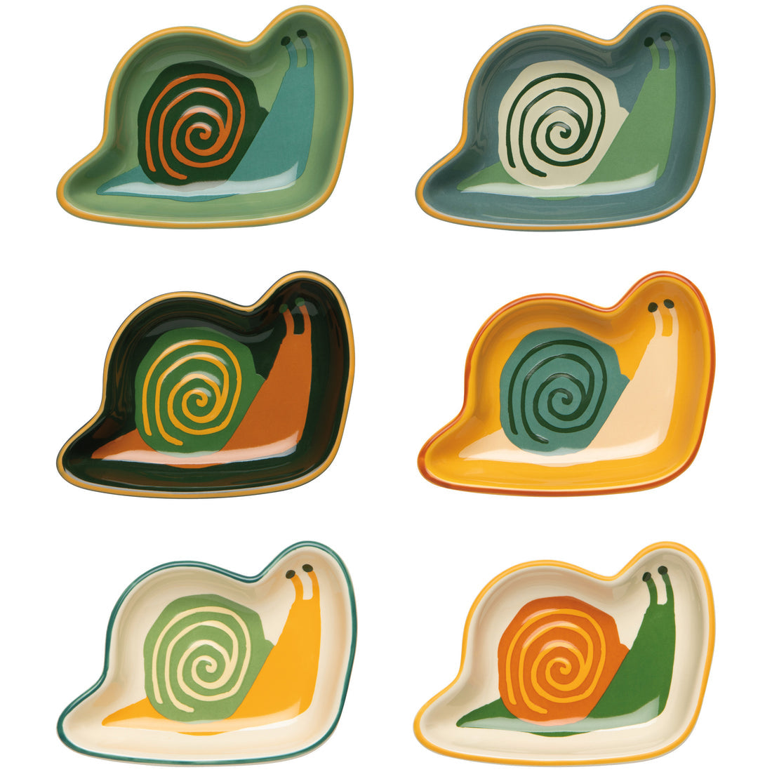 6 pinch bowls in the shape of snails with muted colors of greens, oranges, yellows, and creams
