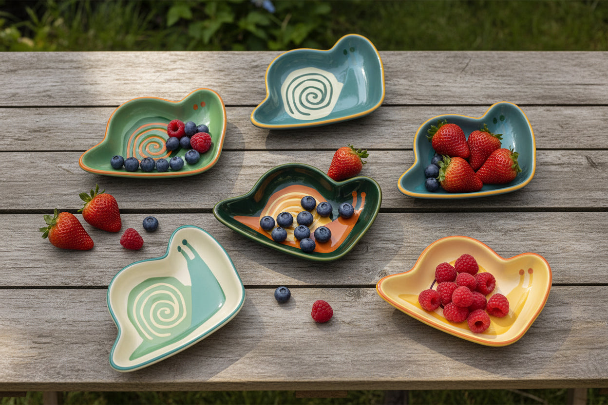 six snail-shaped ceramic dishes on a wooden table with assorted berries