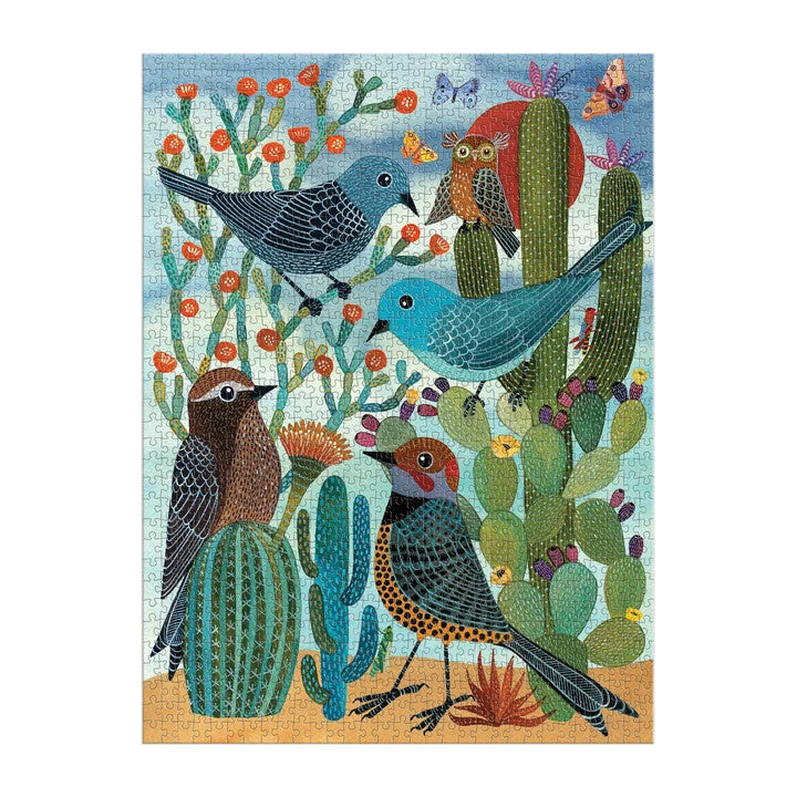 finished Jigsaw puzzle with birds and cacti design on a blue background