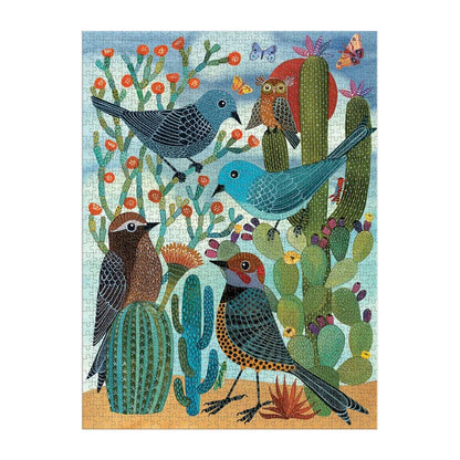 finished Jigsaw puzzle with birds and cacti design on a blue background