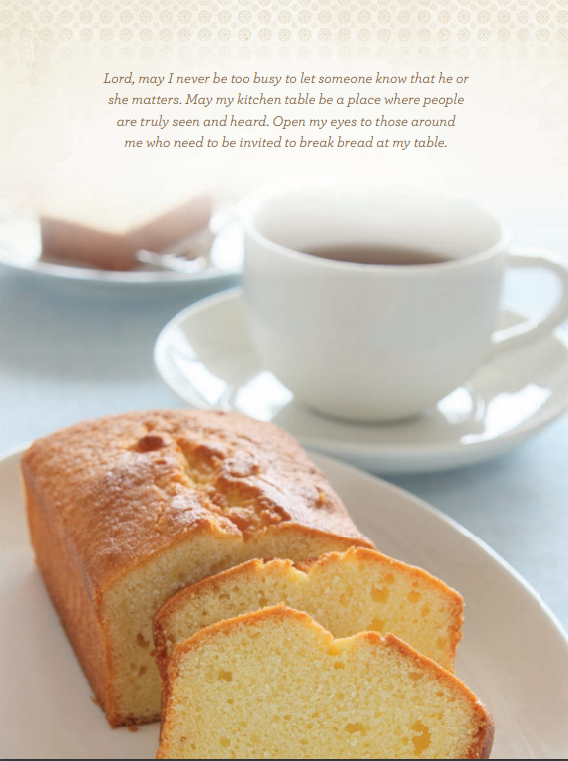 page of devotions from the front porch with image of a loaf cake and cup of coffee.