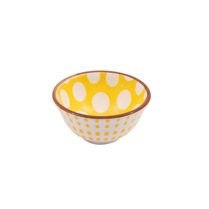 yellow and white polka dot pinch bowl.