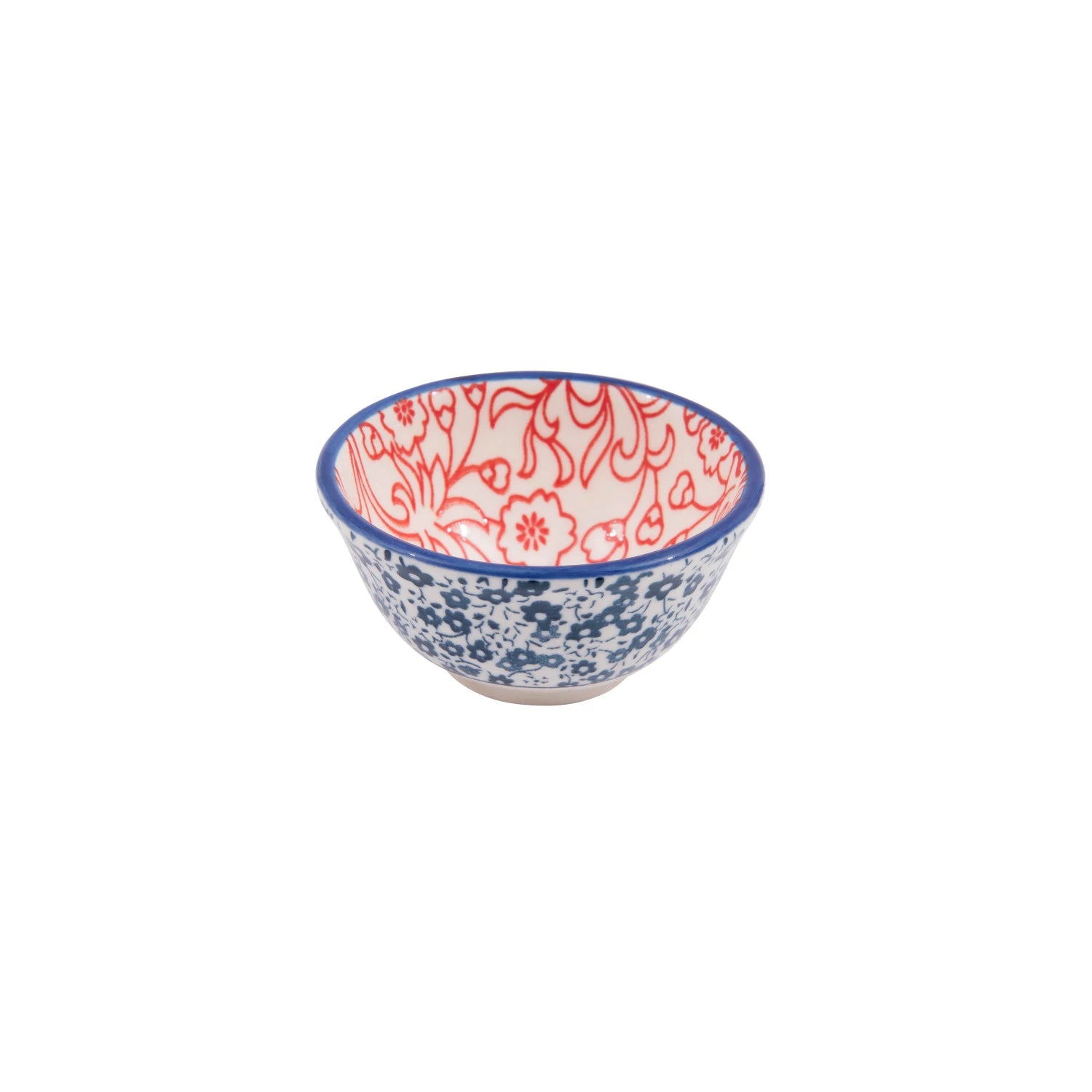 pinch bowl wirh blue floral pattern outside and red floral pattern inside.