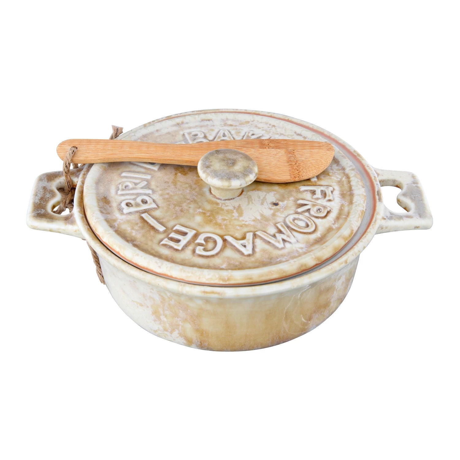 Ceramic baker with wooden knife on a white background