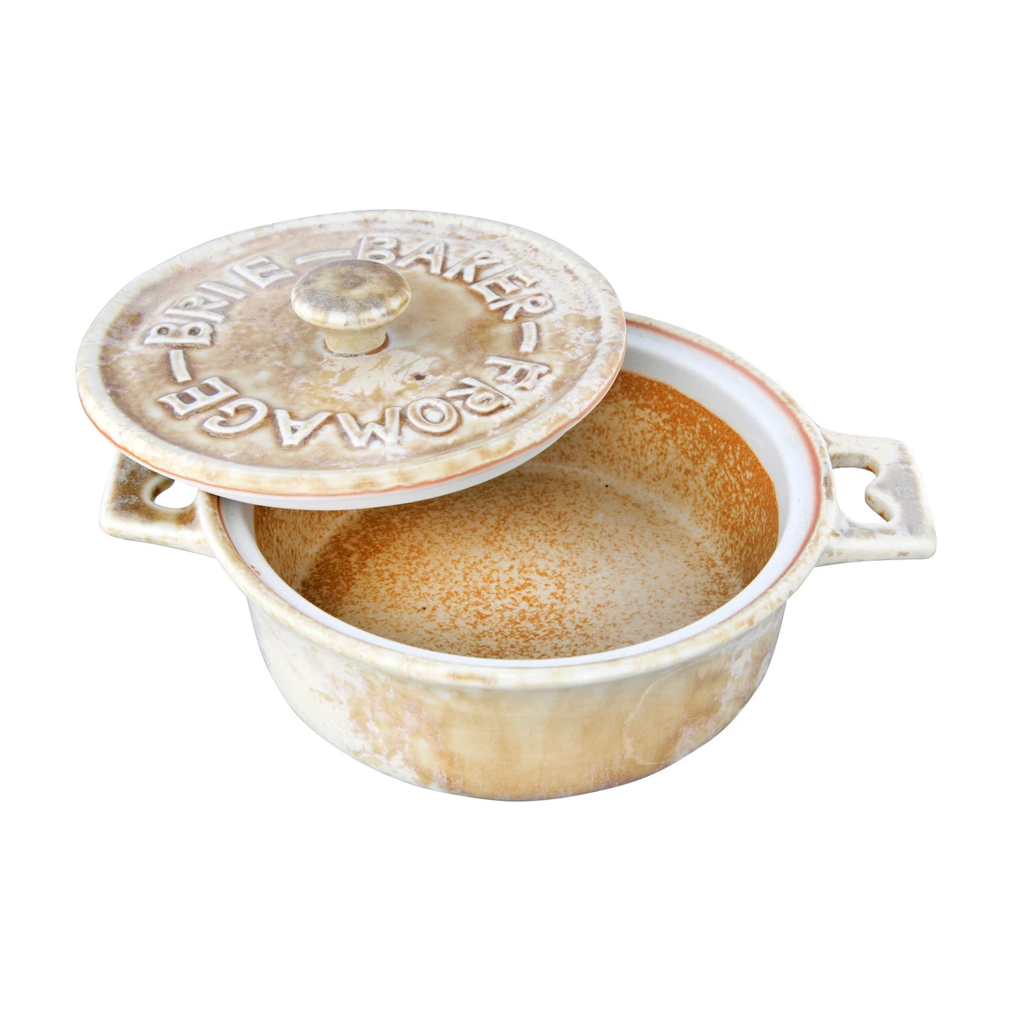 Small ceramic baking dish with lid slightly askew on a white background