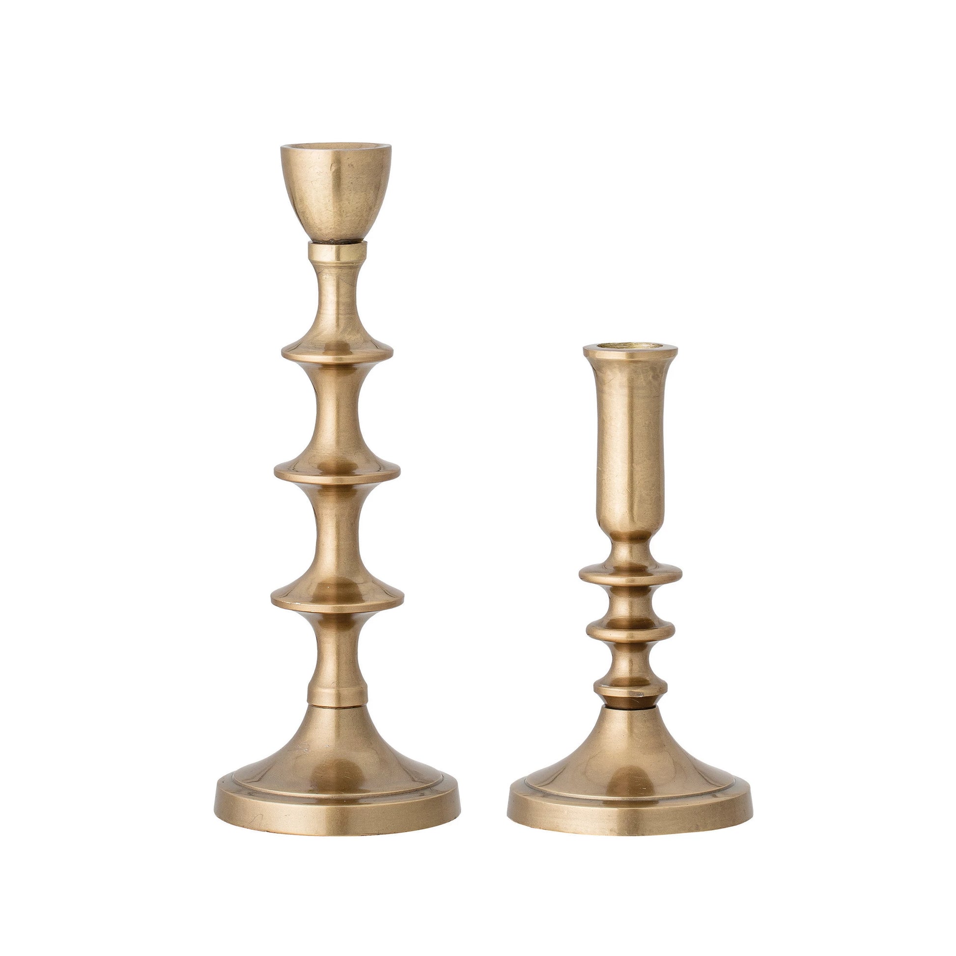 2 styles of antique gold taper holders on a white background.