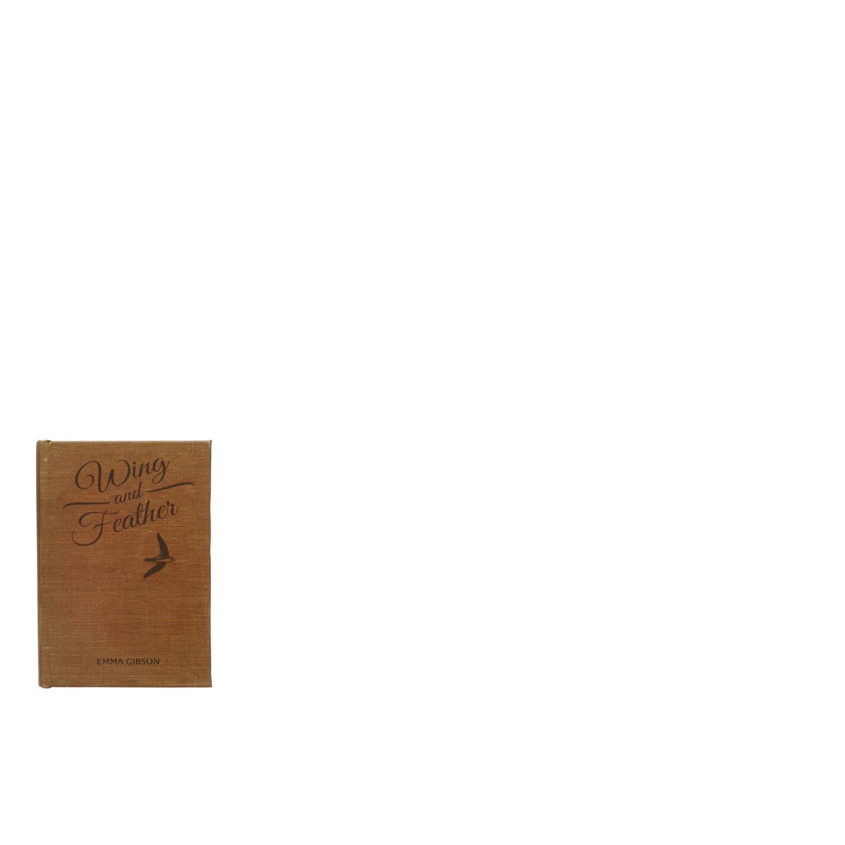 brown book box titled 'wing and feather' with the image of a small bird on it