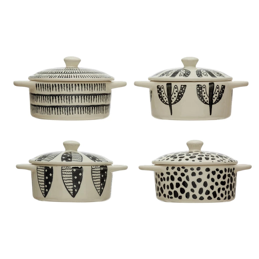 all four patterned stoneware mini baker with lid displayed on a white background