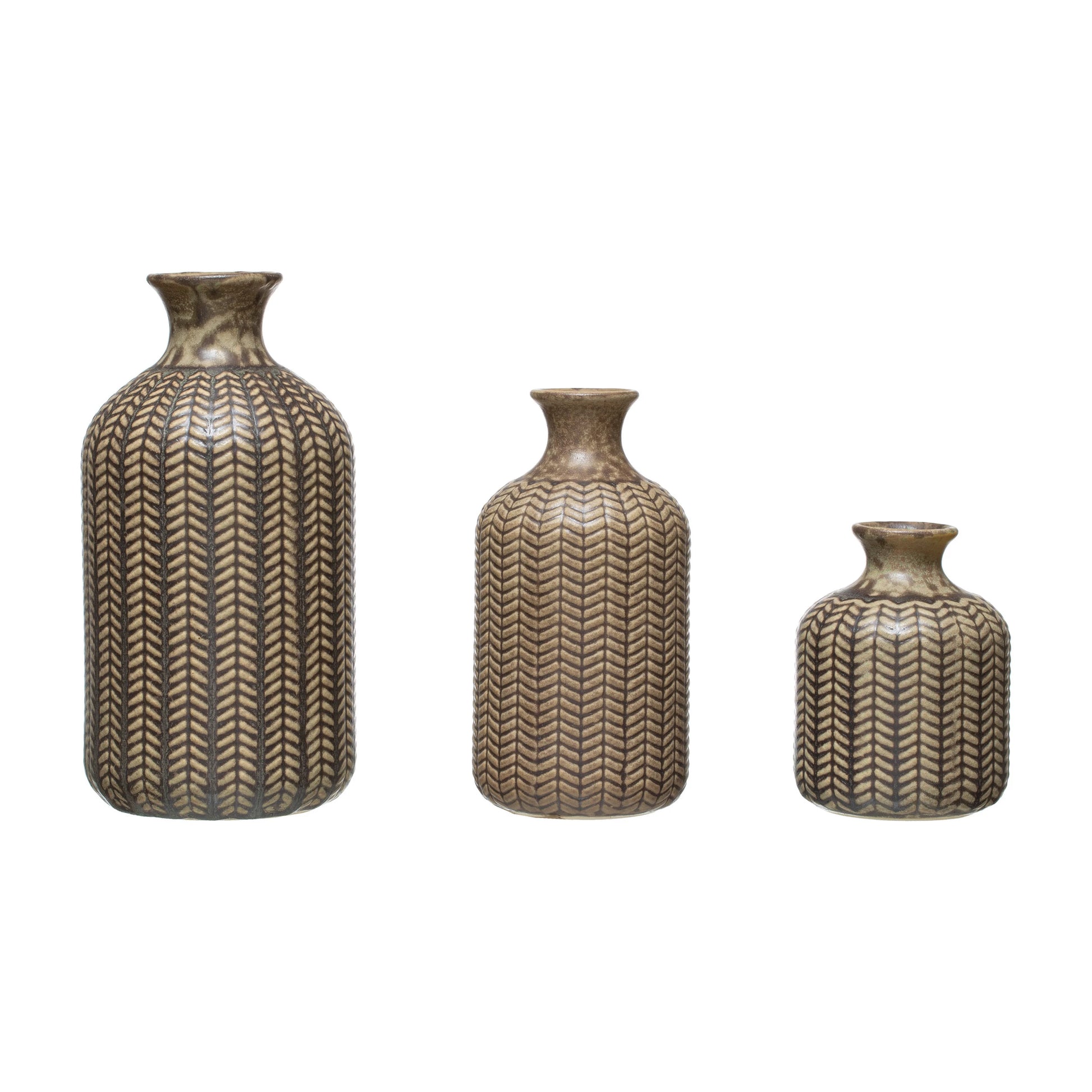 3 sizes of Embossed Stoneware Vases on a white background.