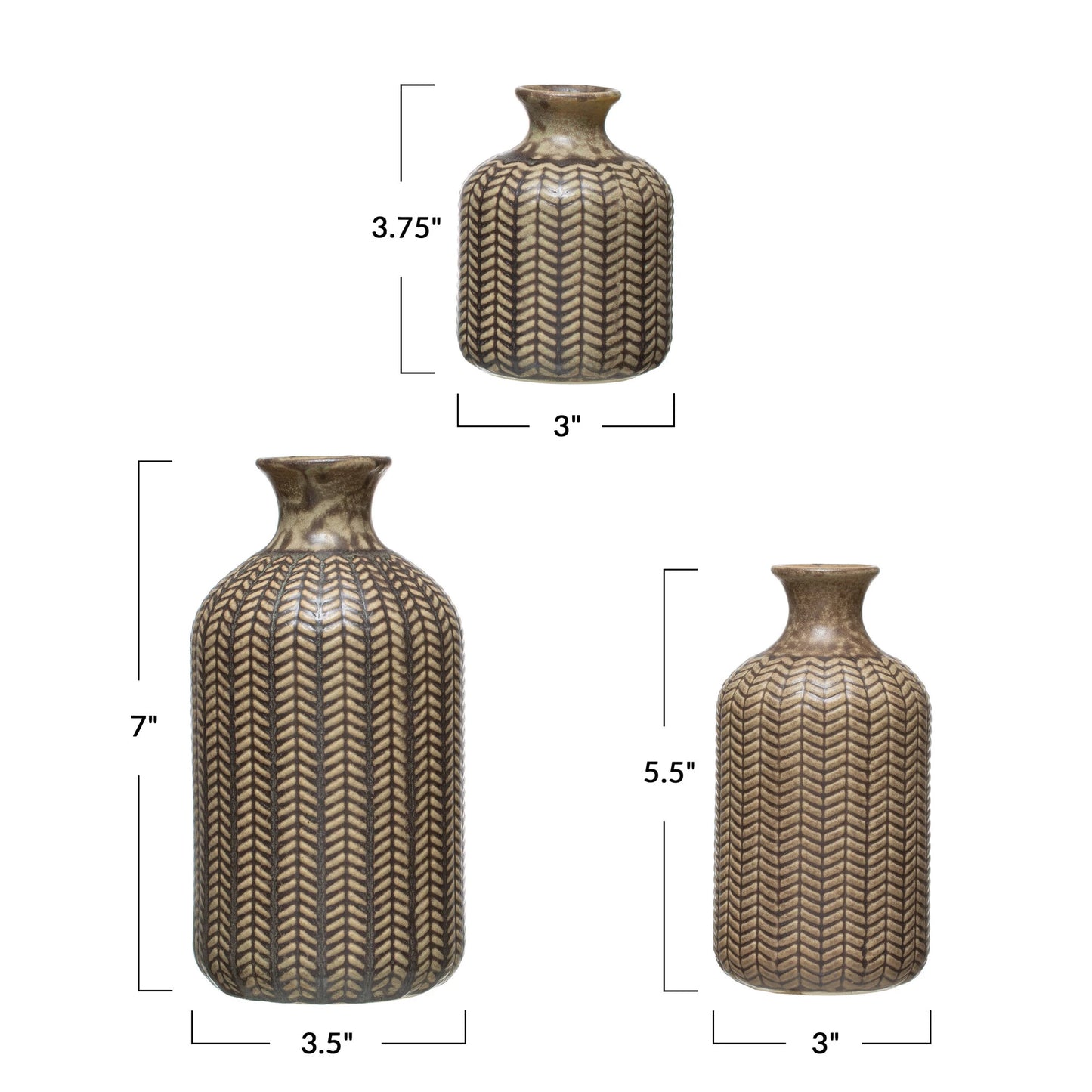 3 sizes of Embossed Stoneware Vases with measurements..
