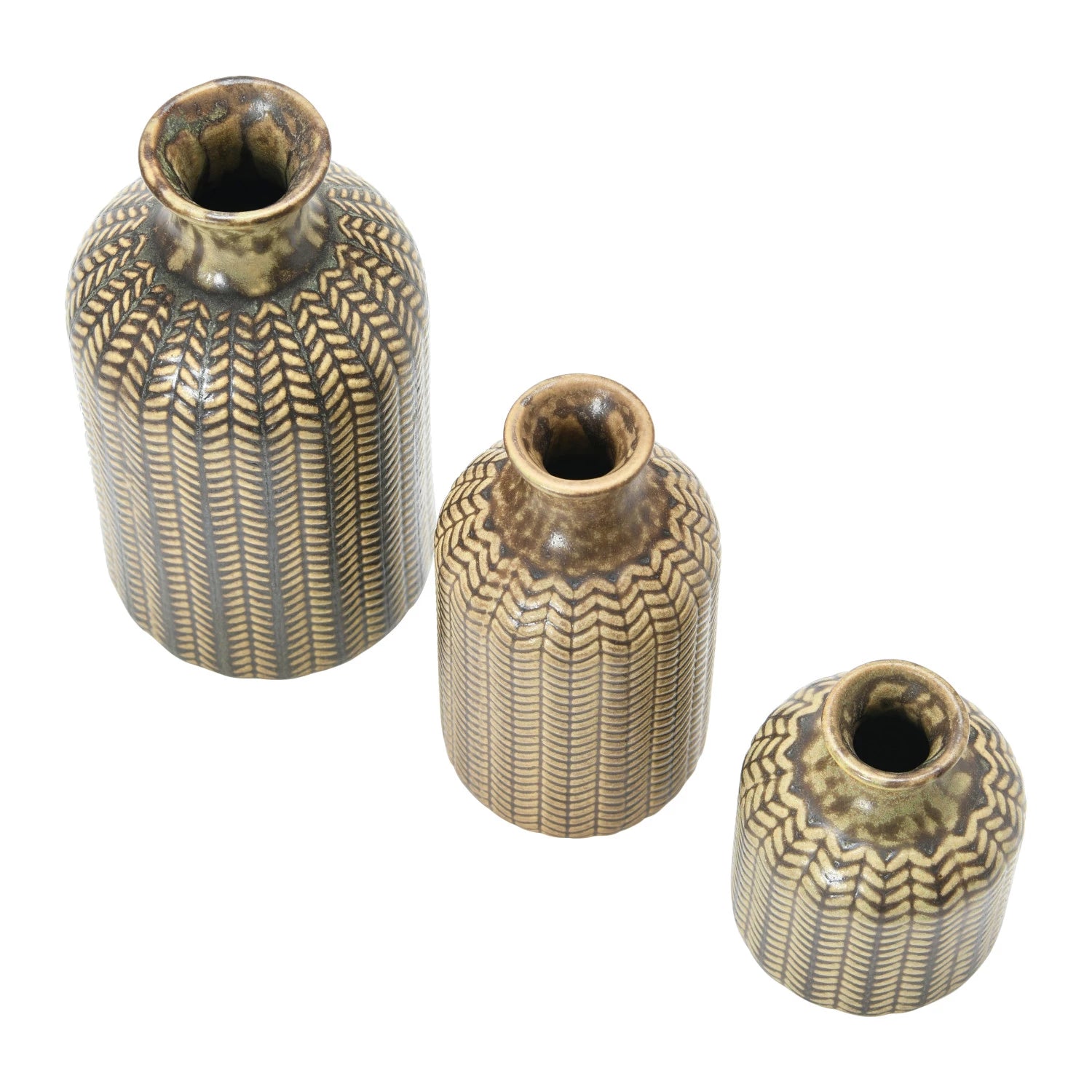 top view of 3 sizes of Embossed Stoneware Vases.