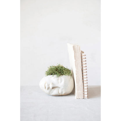 off-white sideways face planter with mossy greenery in it and books leaning on it.