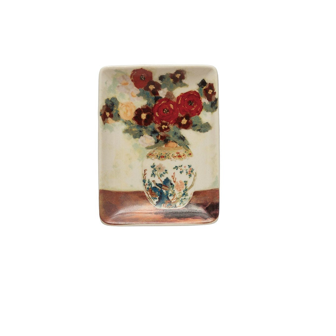 small rectangular dish with image of deep red and maroon flowers in a white vase