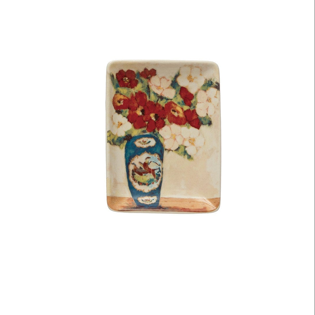 small rectangular dish with image of red flowers in a blue vase