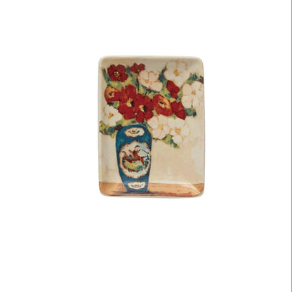 small rectangular dish with image of red flowers in a blue vase