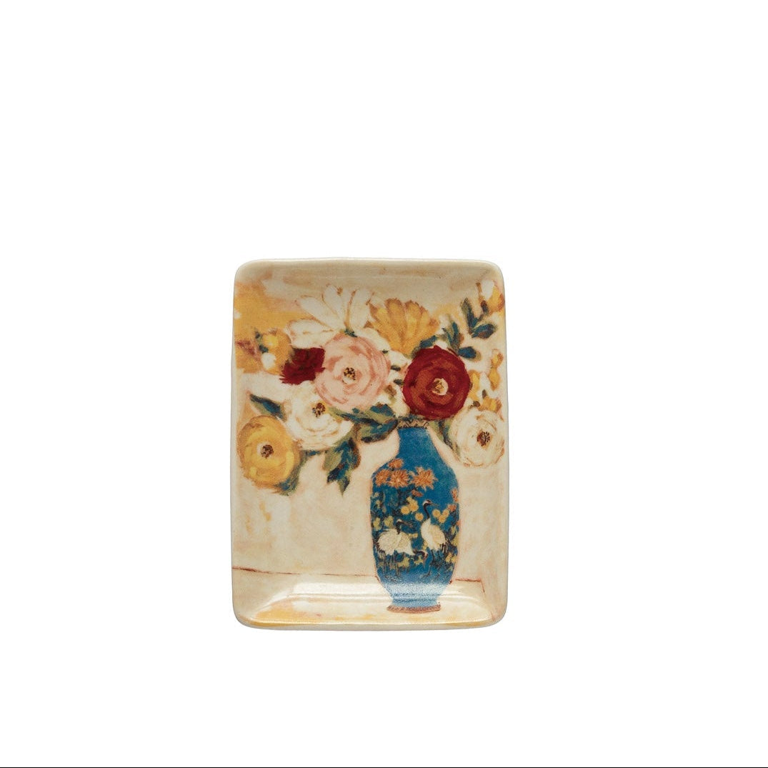 small rectangular dish with image of yellow and white flowers in a blue vase