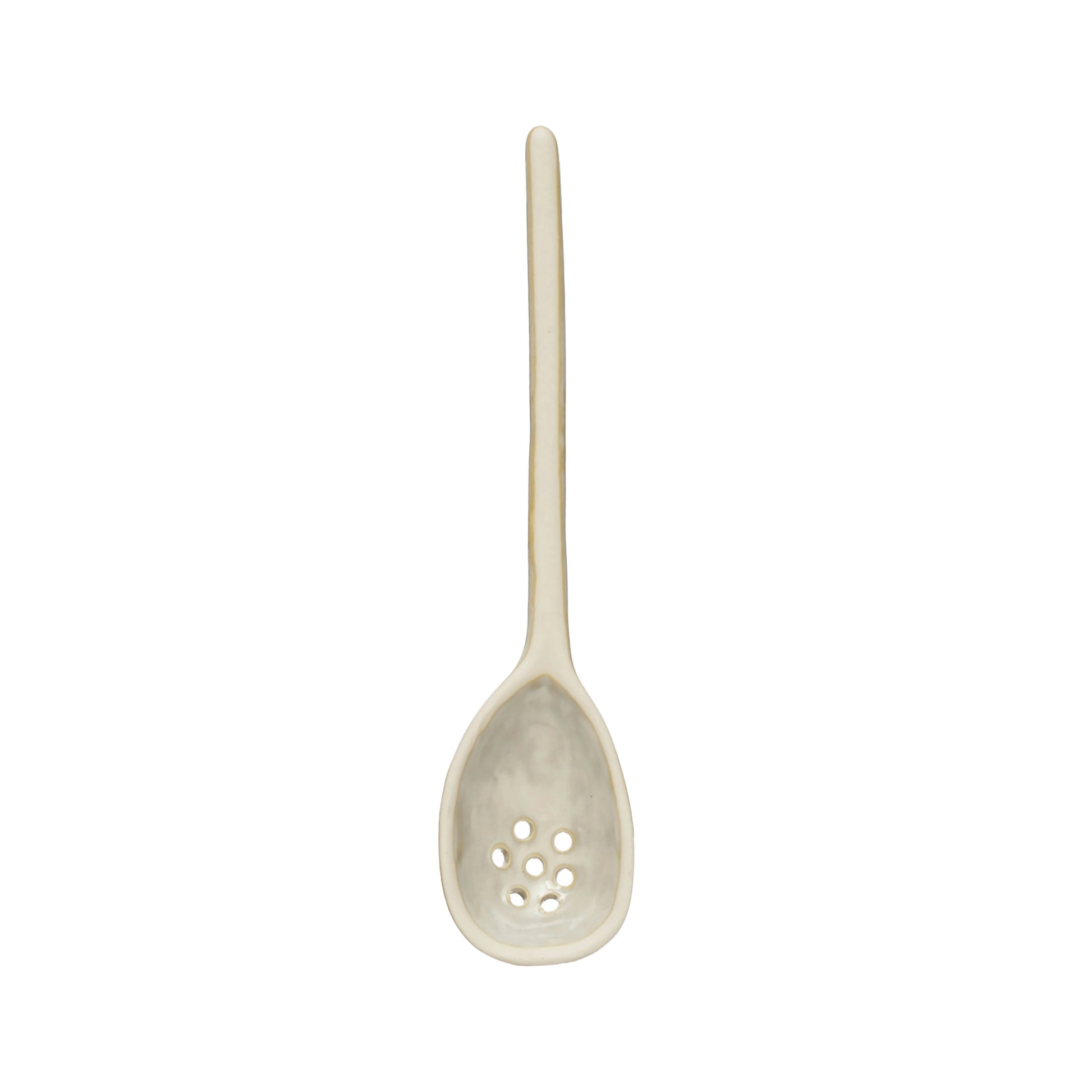 small stoneware strainer spoon on white background.