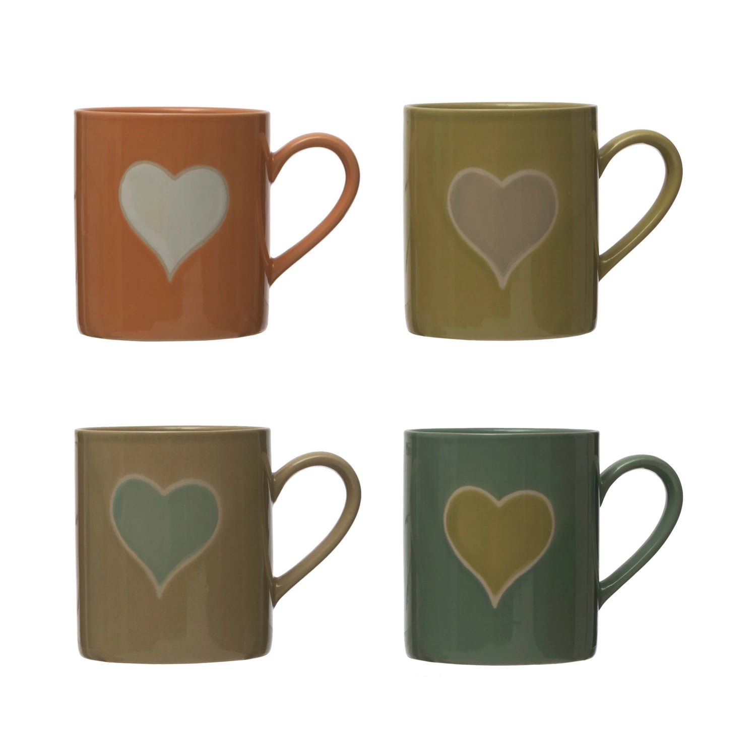 all four colors of handmade stoneware mugs displayed against a white background