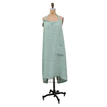 front view of Aqua Gingham Linen & Cotton Apron on a mannequin