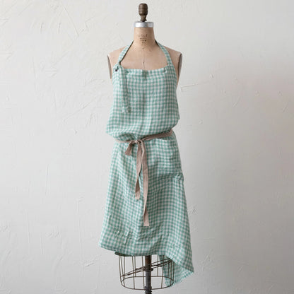 back view of Aqua Gingham Linen & Cotton Apron on a mannequin
