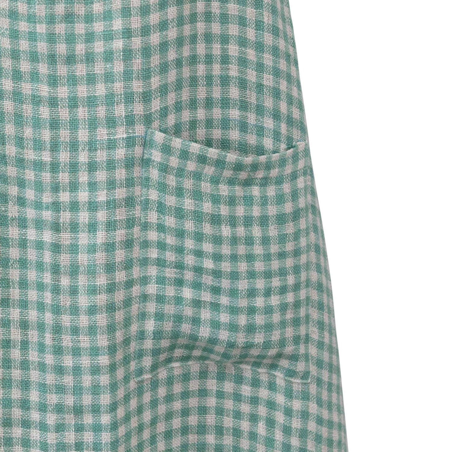 closeup of pocket on Aqua Gingham Linen & Cotton Apron